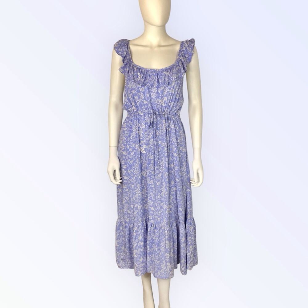 J Crew Blue & White Floral Midi Dress Ruffle Cottagecore  Summer Dress